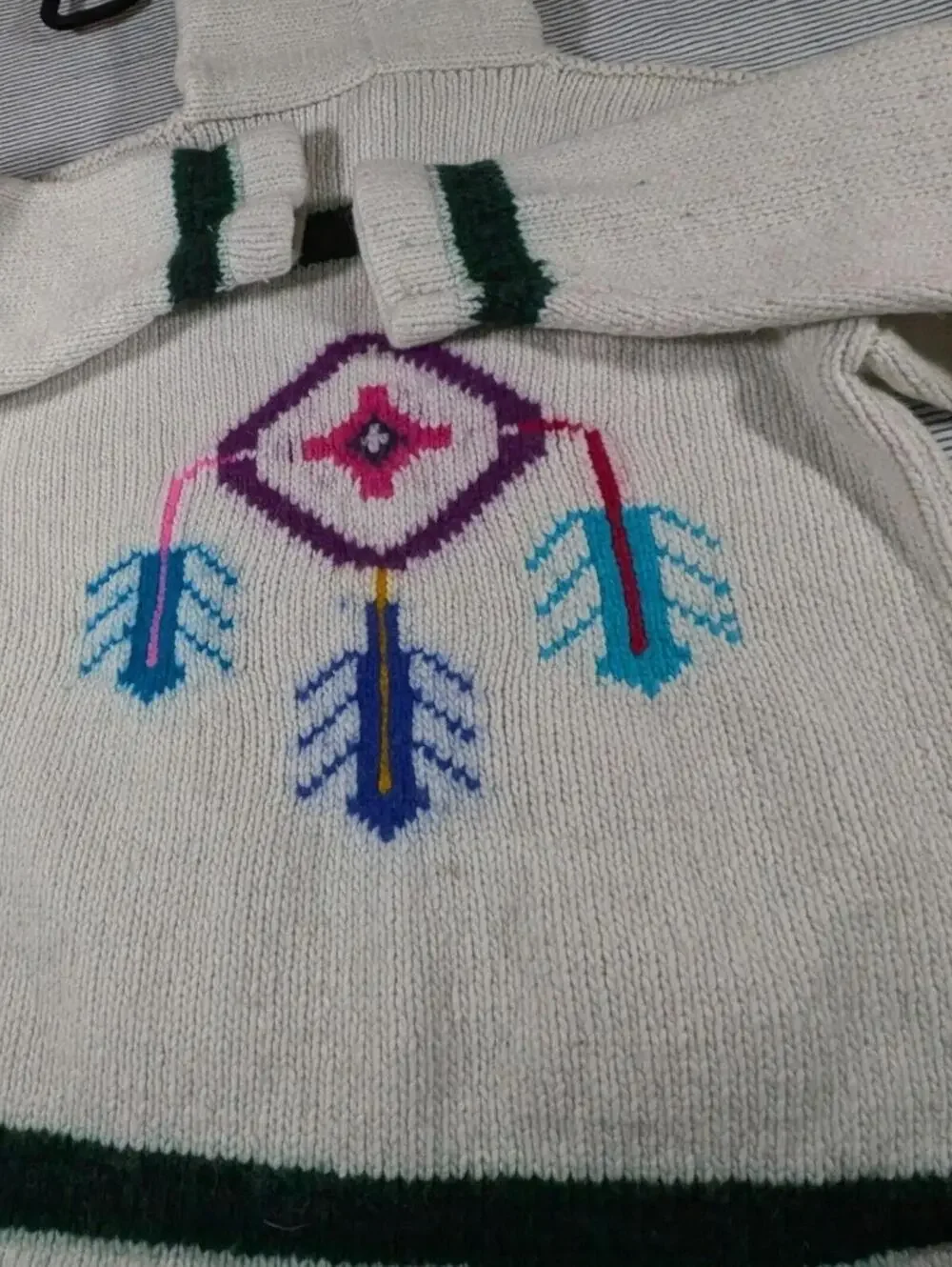 Vintage Medium Hand Knit Baja Pullover Cream Tribal Hoodie Kangaroo Pocket Knit